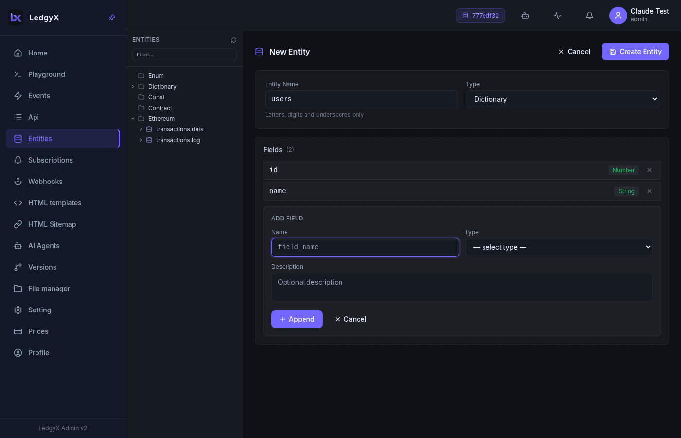 Creating a new entity on the Entities page