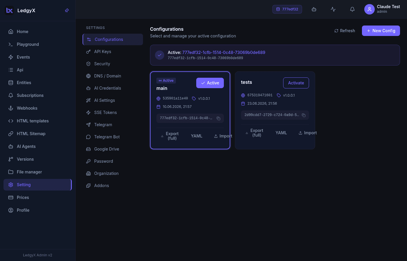 The Settings page
